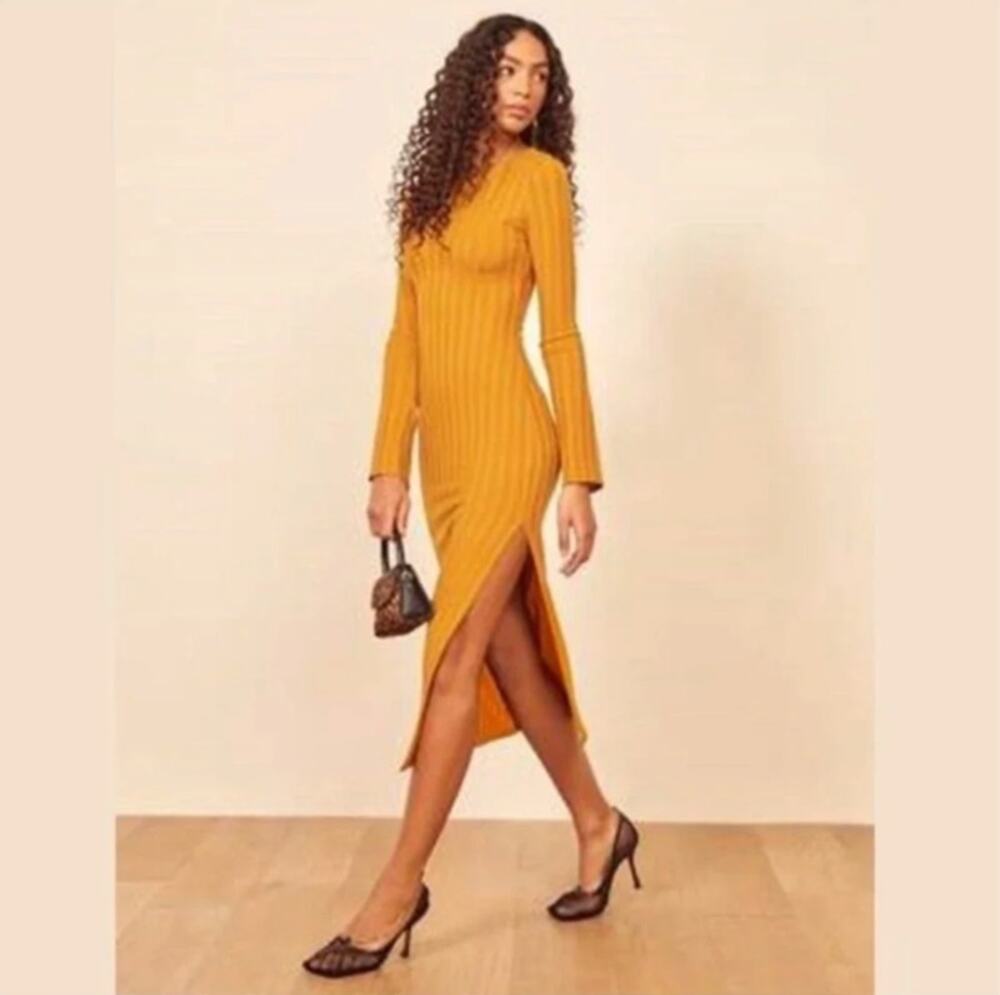 REFORMATION Dillon Ribbed Midi Dress Mustard Yellow Sz XL $178 {3T43}